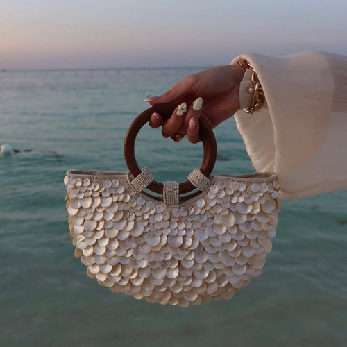 Penelope Shell Embellished Top Handle Beach Handbag Ivory