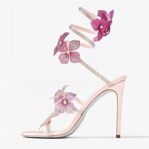 Rebecca Floral Rhinestone Wrap Strap Stiletto Sandals Baby Pink