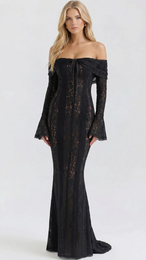 Rebekah Lace Off-Shoulder Maxi Dress Black