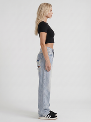 Reese Mid Rise Baggy Distressed Wide Leg Jeans Light Blue view 4