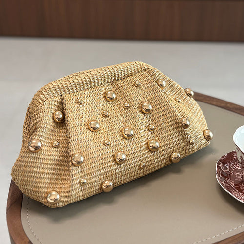 Rowana Woven Studded Clutch Crossbody Bag Khaki