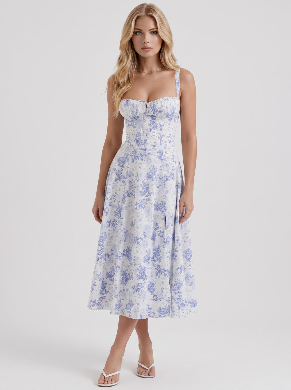 Sabine Toile Print Puff Sleeve Midi Dress Light Blue