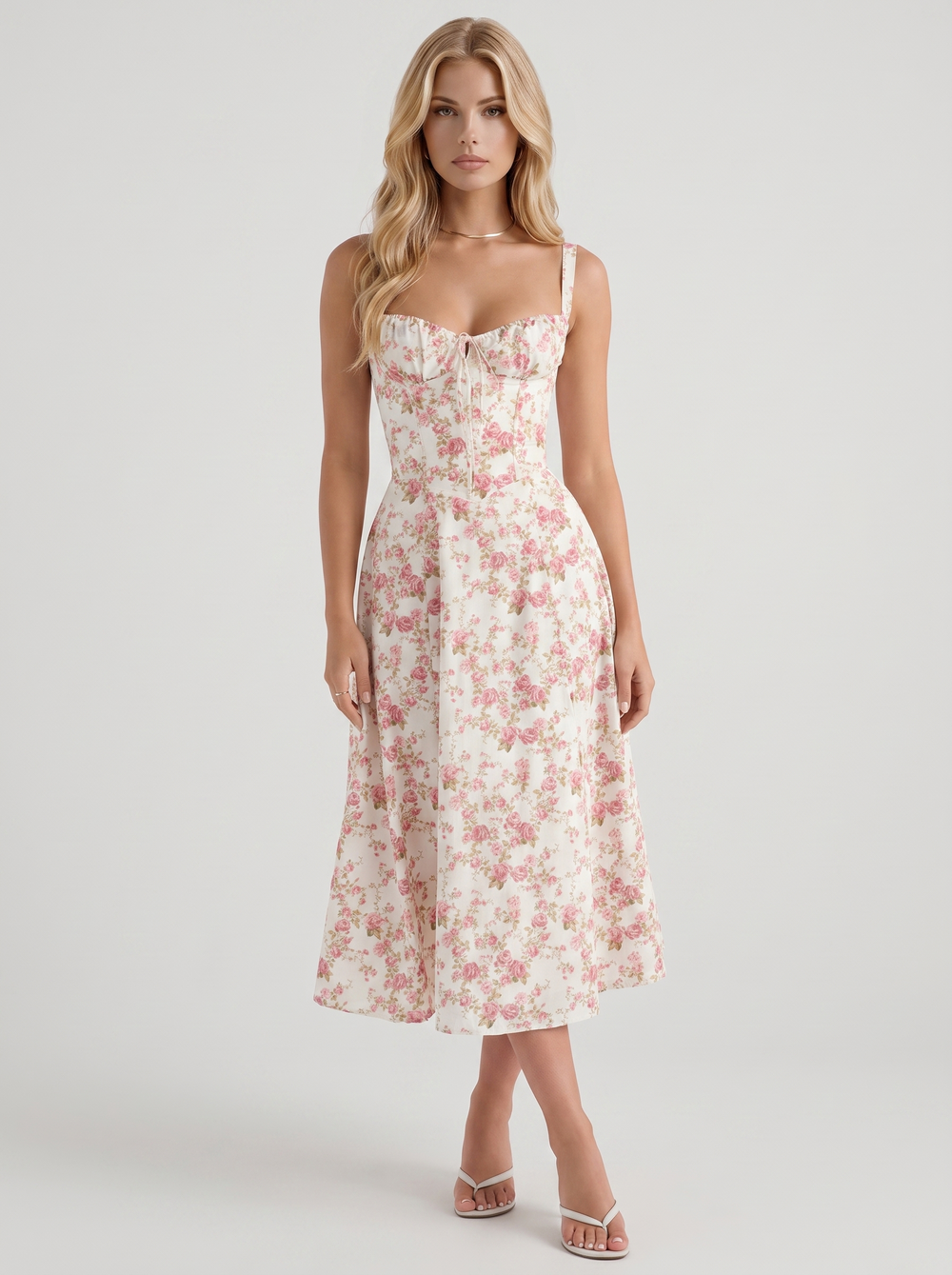 Sabine Toile Print Puff Sleeve Midi Dress Light Pink