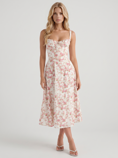 Sabine Toile Print Puff Sleeve Midi Dress Light Pink