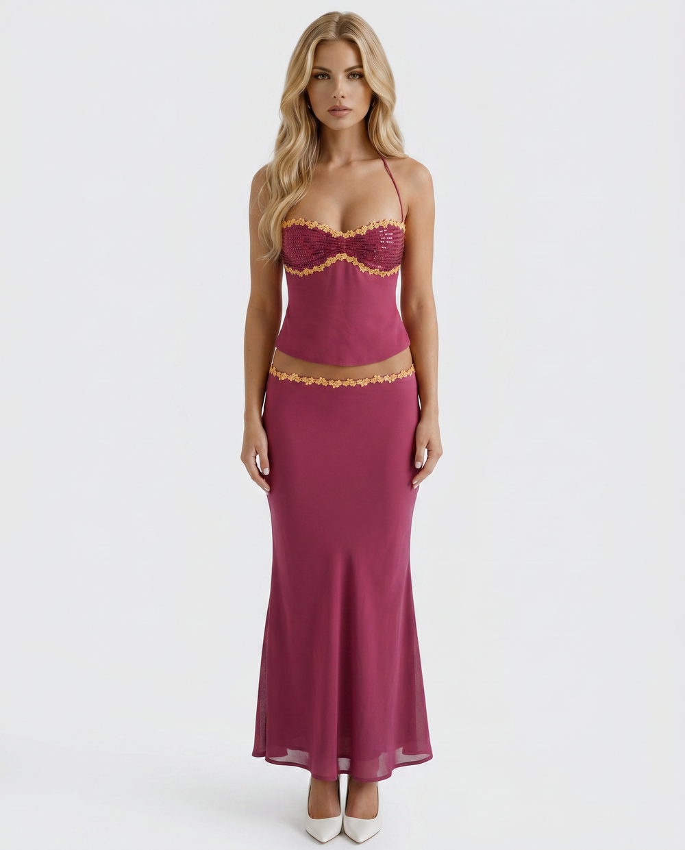 Sara Halter Bralette Maxi Skirt Set Berry
