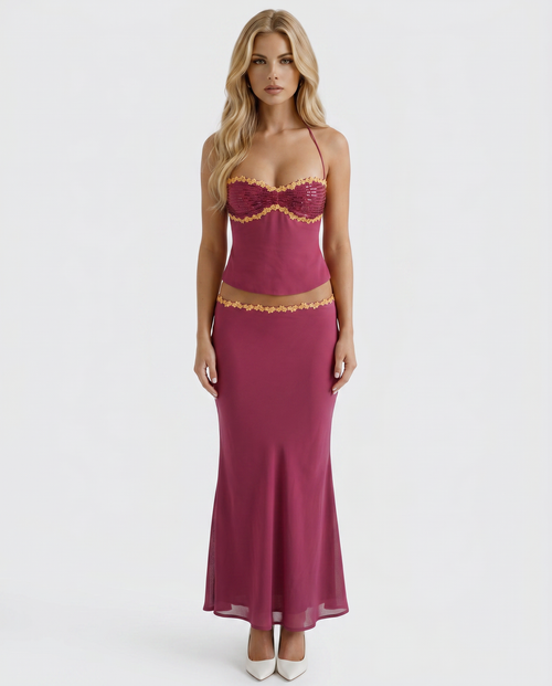 Sara Halter Bralette Maxi Skirt Set Berry