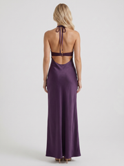 Saskia Halter V Plunge Satin Bodycon Maxi Dress Purple view 5