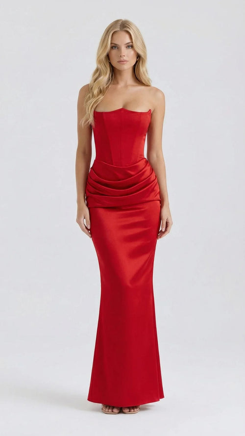Scarlet Corset Strapless Maxi Dress Red