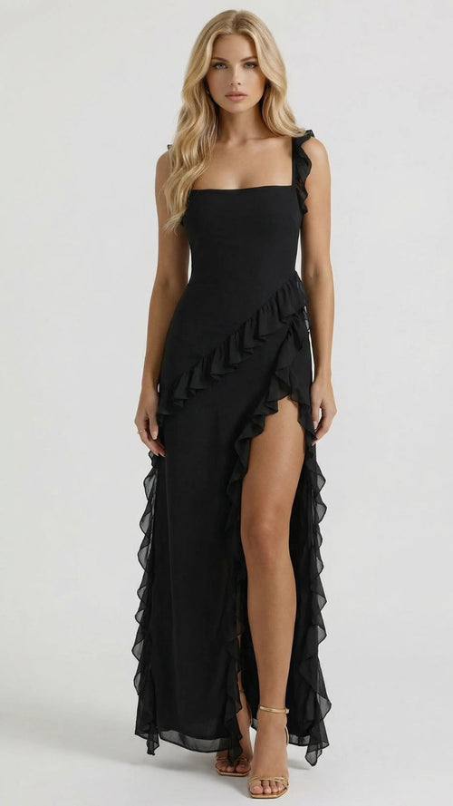 Scarlet Ruffle Maxi Dress Black