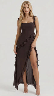 Scarlet Ruffle Maxi Dress Brown view 1