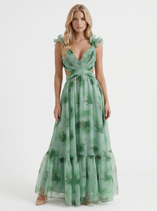 Sorelle Plunge Cutout Tiered Chiffon Maxi Gown Green Floral