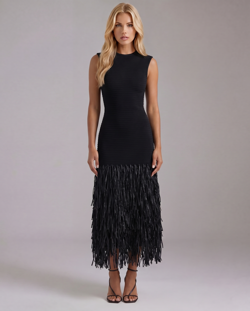 Stella Fringe Midi Dress Black