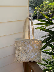Suze Sequin Woven Tote Shoulder Beach Bag Ivory view 3