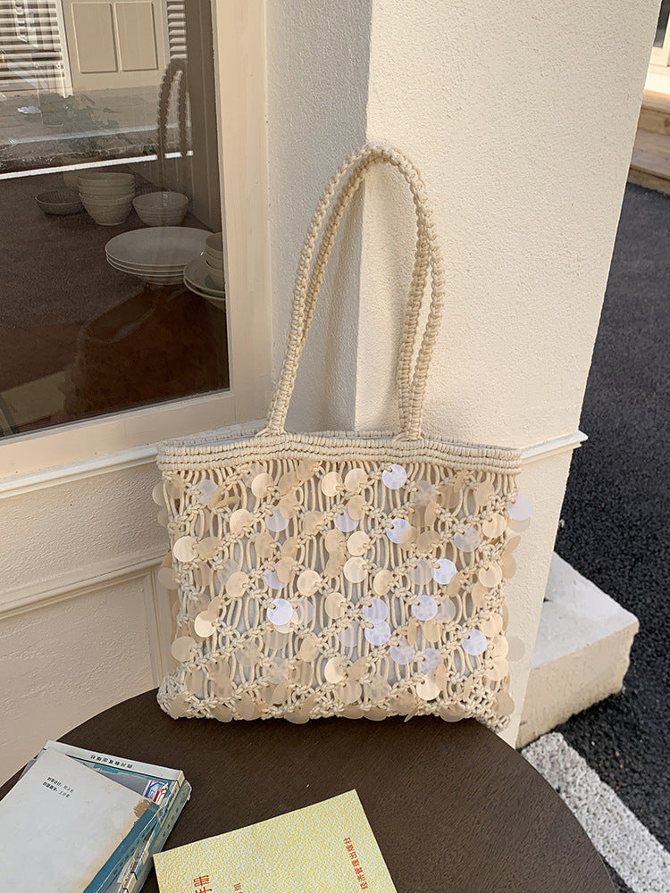 Suze Sequin Woven Tote Shoulder Beach Bag Ivory