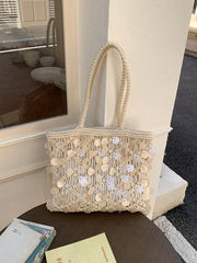 Suze Sequin Woven Tote Shoulder Beach Bag Ivory view 1