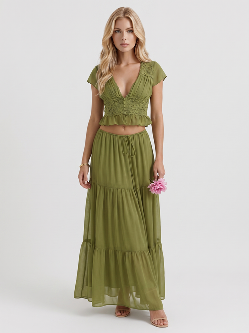 Talia Lace Crop Top & Tiered Maxi Skirt Set Green