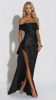 Valentina Ruched Maxi Dress Black Sequin view 1