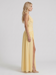 Vera Plunge V Halter Ruched Maxi Dress Lemon view 4