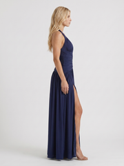 Vera Plunge V Halter Ruched Maxi Dress Navy view 4
