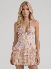 Vienna Pearl Halter Tiered Ruffle Mini Dress Cream Floral view 2