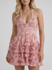 Vienna Pearl Halter Tiered Ruffle Mini Dress Pink view 6