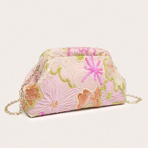Wanda Floral Embroidered Sequin Shoulder Clutch Bag Pink
