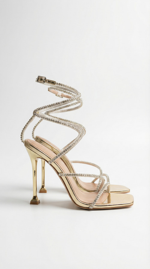 Williams Rhinestone Wrap Strap Heeled Sandals Gold